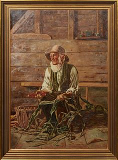 American School, "Amish Man Shucking Corn," 20th c., oil on canvas, unsigned, presented in a gilt wood frame, H.- 33 1/2 in., W.- 23 1/2 in., Framed H