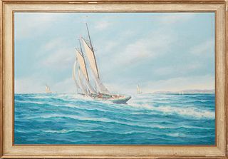 J. Arnold, "Starboard Tack," 20th c., oil on canvas, signed lower right, titled lower left, with Newman Galleries sticker en verso, presented in a pol