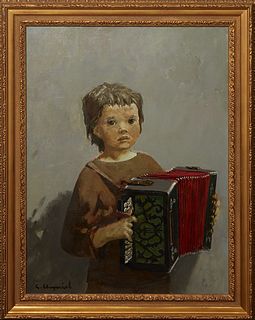 Georges Robert Cheyssial (1907-1997, French), "Le Genne Accordioniste," 20th c., oil on canvas, signed lower left, signed and titled en verso, present