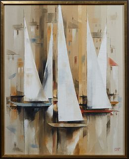 Pati Bannister (1929-2013, Mississippi), "Five Sailboats," 20th c., oil on canvas, signed lower right, presented in a gilt and wood frame, H.- 29 1/2 