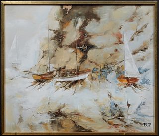 Pati Bannister (1929-2013, Mississippi), "Abstract Sailboats in the Bay," 20th c., oil on board, signed lower right, presented in a gilt and black fra