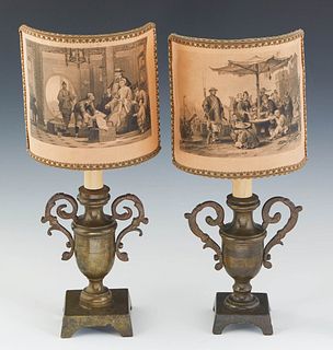 Pair of Diminutive Patinated Spelter Urn Boudoir Lamps, 20th c., of baluster handled form, on socle supports to square bases, with faux candles, and s