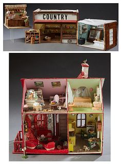Small Child's Doll House, 20th c., with four rooms of furniture, together with a diorama of a bakery, a vegetable stand, and a Country Store, House- H
