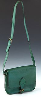 Louis Vuitton Cartouchiere MM Shoulder Bag, in green epi calf leather with golden brass hardware, opening to a matching green suede interior, H.- 8 in