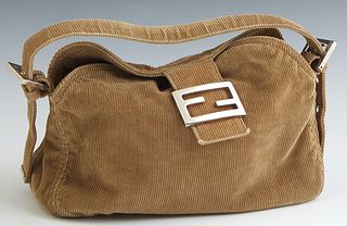 Fendi Baguette Shoulder Bag, in khaki green corduroy canvas with silver hardware, opening to a dark brown lined canvas with a side zipper pocket, H.- 
