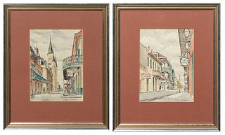 Hubert Hanush (20th c., New Orleans/Missouri), "St. Peter Street with Pat Obrien's" and "Street Scene with St. Louis Cathedral," 20th c., watercolor o