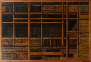 Desmond O'Neill (American), "Wood Balconies and Staircases," 20th c., oil on board, signed lower right, presented in a wood frame, H.- 23 1/2 in., W.-
