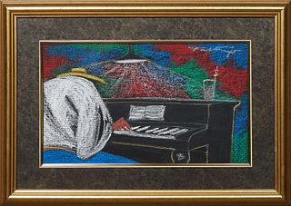 Ronald Leonard Jones (1952-2021, New Orleans), "Piano Player, New Orleans," 20th c., pastel on paper, unsigned, presented in a gilt frame, H.- 8 3/4 i