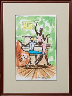 Ronald Leonard Jones (1952-2021, New Orleans), "Woman Dancing at Piano Bar," 1999, watercolor and ink on paper, signed and dated lower right, presente