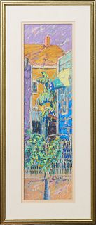 Dorothy E. Guell (American) "Alley Way," 20th c., pastel on paper, signed lower right, with artist card en verso, presented in gilt frame, H.- 17 7/8 