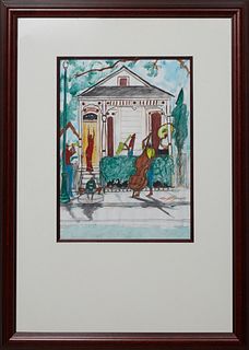 Ronald Leonard Jones (1952-2021, New Orleans), "New Orleans Jazz Band with Woman in Red in Front of Shotgun House," 1999, watercolor, ink, charcoal an