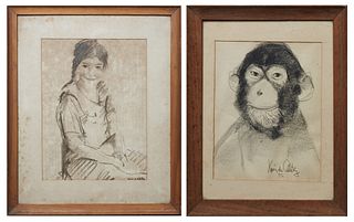 Xavier de Callatay (1932-1999, Belgium/ New Orleans), "Young Girl" and "Chimpanzee," 20th c., charcoal on paper, the first with E. L. Borenstein Colle