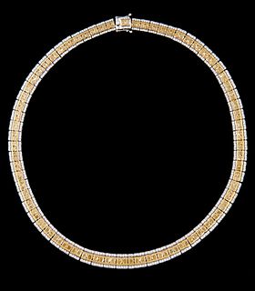 18K White Gold Link Necklace, each of the seventy graduated rectangular links with two central yellow round diamonds, flanked by borders of small roun
