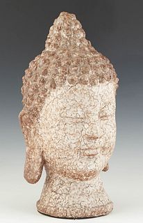 Chinese Ceramic Crackleware Buddha Head, 20th c., with relief hair and long earlobes, H.- 15 1/2 in., W.- 7 3/4 in., D.- 8 1/2 in.