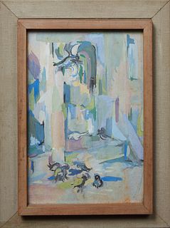 New Orleans School, "Abstract Pigeons," 20th c., gouache on paper, signed indistinctly lower right, presented in a wood frame, H.- 15 1/2 in., W.- 10 
