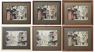 Richard Hoffman (-1973, New Orleans), Six Hand Colored Prints Consisting of, Two "View of St. Louis Cathedral from Orleans Street," 20th c., signed lo