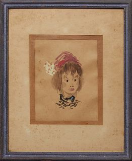 American School, "Woman in a Red Hat," 20th c., watercolor on paper, unsigned, with E. L. Borenstein Collection paperwork attached en verso, presented