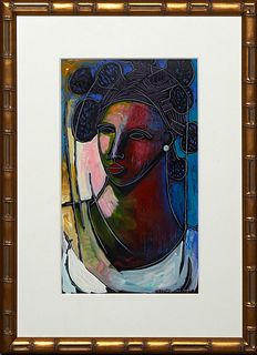 Kennith Humphrey (Mississippi), "Bust of a Woman," 2004, acrylic and pastel on paper, signed and dated lower right, presented in a gilt wood frame, H.