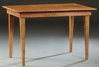 Louisiana Carved Cypress Farmhouse Kitchen Table, c. 1900 and later, the three board top over a wide skirt, on four tapered square legs, H.- 31 5/8 in