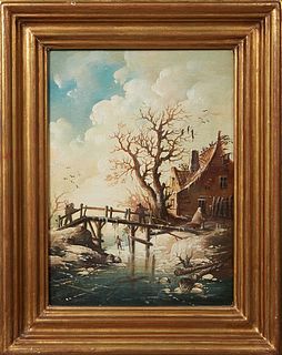 Continental School, "Winter Scene," 20th c., oil on board, unsigned, presented in a gilt frame, H.- 9 in., W.- 6 5/8 in., Framed H.- 12 3/4 in., W.- 1