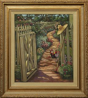 G.R. Norduke, "Flower Garden," 1992, oil on canvas, presented in a gilt frame with a velvet liner, signed and dated lower right, H.- 17 1/2 in., W.- 1