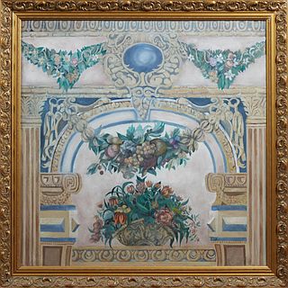 Decorative Painting of an Italian Fresco in an Architectural Setting, 21st c., oil on canvas, unsigned, presented in a gilt frame, H.- 38 1/4 in., W.-