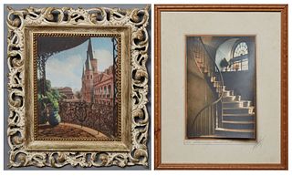 Eugene Delcroix (1891-1967, New Orleans), "Old Stairway, Toulouse St.," 20th c., hand colored photograph, signed lower right, titled lower center, pre