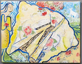 Malaika Favorite (1949-, Louisiana), "Yellow Butterfly in the Garden," 2013, mixed media, signed, dated, and titled en verso, unframed, H.- 14 1/2 in.