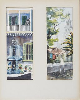 Ann DeLorge (New Orleans), "French Quarter Patio," 1975; and "The Fence at Jackson Square," 1975, pair of watercolors, one signed and dated lower left