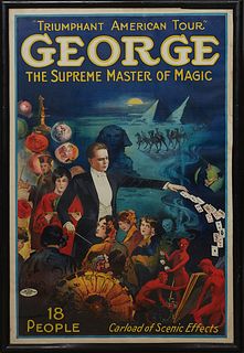 "Triumphant American Tour-George-The Supreme Master of Magic," c. 1920, lithograph, printed by The Otis Lithograph Co., Cleveland, presented in a blac