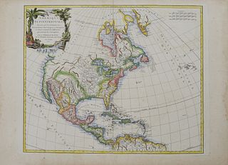 Map- Robert de Vaugondy (1723-1786, French) "Amerique Septentrionale," 1750, hand colored, with a cartouche of Tropical plants, natives and wildlife s