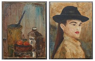 American School, "Portrait of a Woman in a Hat," late 20th/early 21st c., oil on canvas, unsigned, unframed, H.- 12 in., W.- 9 in.; and Gorki, "Still 