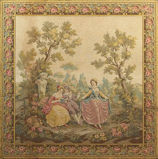 French Aubusson Style Tapestry, 20th c., the floral border surrounding figures in a garden in 18th c. dress, mounted on a wooden stretcher, H.- 50 1/4