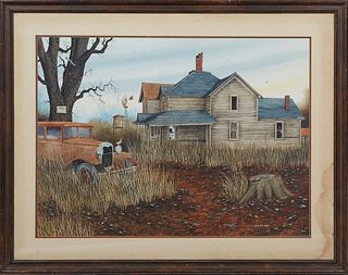 John Zed King (1948-2004, Alabama), "The Old Homestead," 20th c., watercolor on paper, signed lower right, presented in a wood frame, H.- 27 3/4 in., 