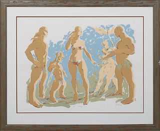 George Dureau (1930-2014, New Orleans), "Big Beach with 7," c. 1985, colored screen print on paper, ed. 283/500 in pencil bottom center, signed in pen