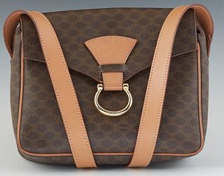 Celine Ring Shoulder Flap Bag, in a brown coated macadam canvas, with brown leather and golden brass hardware, with a brown leather lined interior, H.