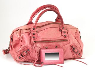 Balenciaga Light Pink Distressed Leather Twiggy Shoulder Bag, the exterior with aged brass hardware and a side zip compartment with a long leather pul