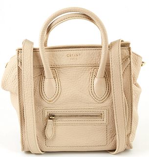 Celine Beige Grained Calf Leather Nano Luggage Shoulder Bag, with double rolled handles and gold hardware, the interior of the bag lined in beige sued