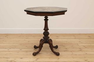 An octagonal walnut and specimen marble-topped table,