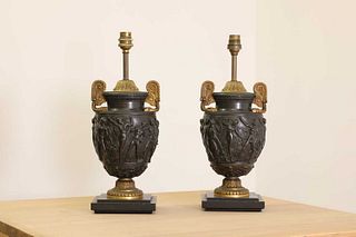 A pair of gilt and patinated bronze Townley vase table lamps,