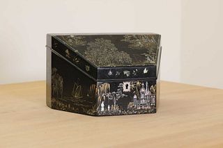 A black and gilt mother-of-pearl inlaid papier m?ch? stationery box,