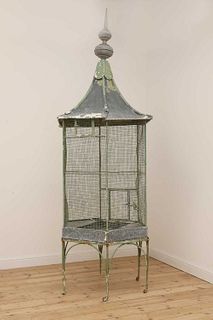 A large painted zinc chateau birdcage,