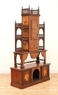 An Aesthetic Movement walnut and marquetry-inlaid cabinet,