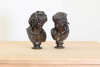 A pair of grand tour bronze busts of Antinous as Dionysus and Ariadne,