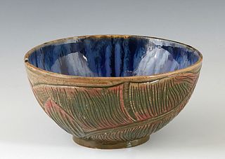 Paula Ninas (New Orleans), "Leaf Bowl," 1960, high glazed ceramic, with blue lined interior and incised leaf decoration on the exterior, signed and da