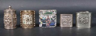 Five Asian Mixed Metal Covered Boxes