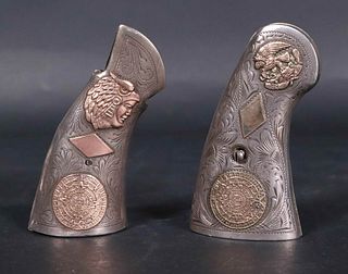 Two Sets of Mexican Metal & Silver Pistol Handles