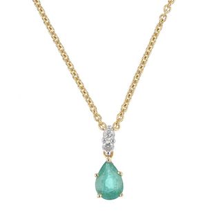 A set of 18ct gold emerald and diamond jewellery. The pendant designed as a pear-shape emerald, susp