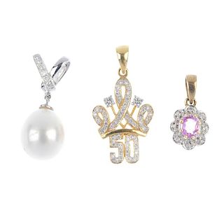 A selection of four diamond and gem-set pendants. To include an 18ct gold cultured pearl and diamond
