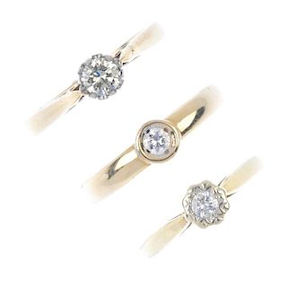 A selection of three 9ct gold diamond single-stone rings. Each designed as a brilliant-cut diamond,